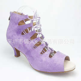 紫色绒面拉丁舞鞋女成年绑带室内专用软底跳舞鞋高跟凉鞋bachata