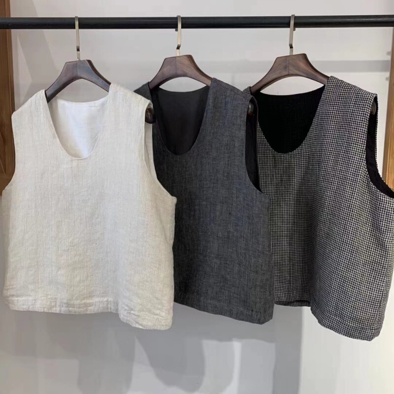 Japanese-Style Linen Sleeveless Shirt for Women, New Summer Vintage Artistic Loose Casual Versatile Niche U-Neck Top for Women