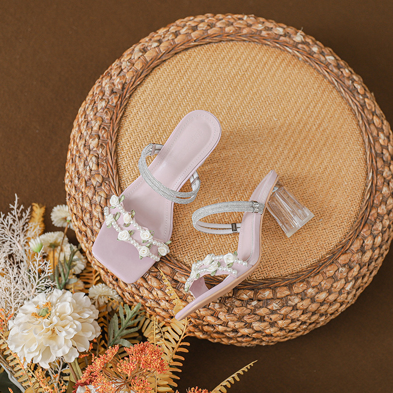 French Style Beautiful Fashion Sandals Purple Niche Design Pearl Flower Summer Elegant High Heels New Women's Shoes