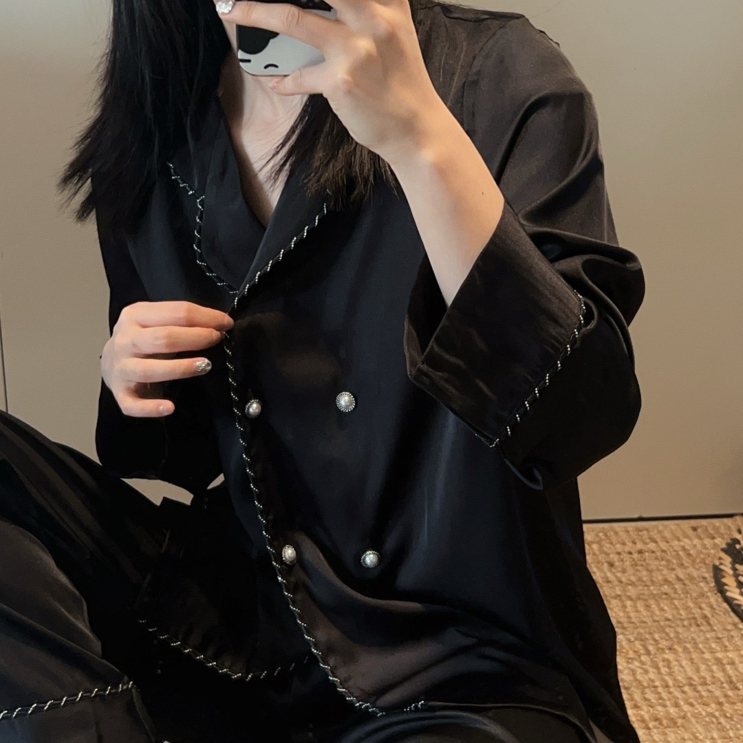 Big Brand Pajamas 2025 Spring Women's High-end Silk Suit Collar Double-breasted Light Luxury Ice Silk Pajamas suit