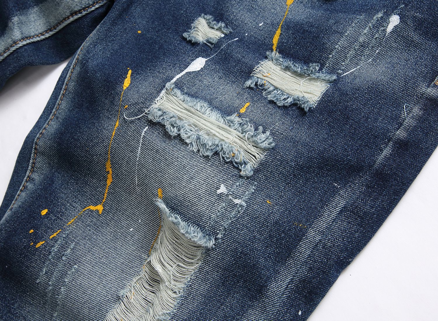 Men's Knee Rip Distressed Denim Shorts With Irregular Bleach Spots, Vintage Blue Washed Casual Summer Shorts For Jeans Lovers_mkmklike.com