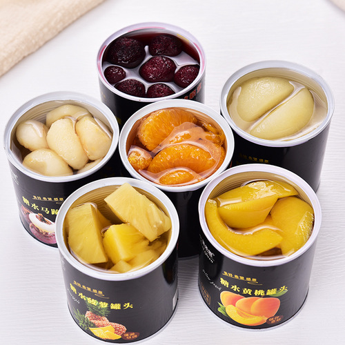 Canned fruit 6 cans mixed with yellow peaches, strawberries, whole boxes, whole pieces, snacks, beverages, lychees, oranges, hawthorns, water chestnuts, coconut fruit