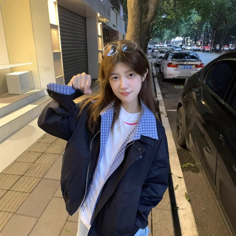 撞色拼接假两件外套男女春秋冬新款美式复古宽松情侣翻领开衫夹克|undefined