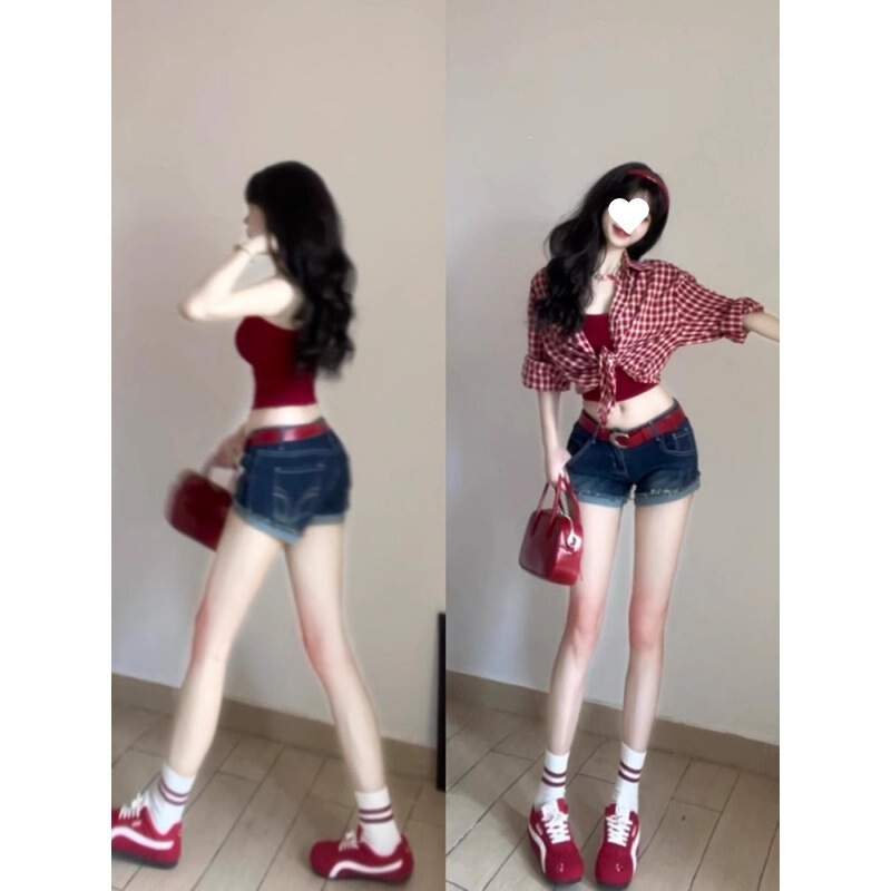 Women's Suit 2026 Summer Hot Girl Style Long-Sleeve Sun-Protective Plaid Shirt Jacket with Inner Tank Top and Denim Shorts