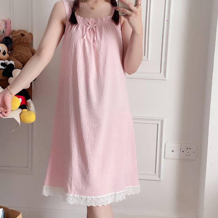 Venta al por mayor transfronteriza nuevo estilo cloud algodón camisón verano honda pijama mujer color sólido encaje dulce vestido de servicio a domicilio