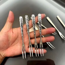 不锈钢水果叉创意网红锤纹叉子月饼叉水果签西餐二齿叉蛋糕甜品叉