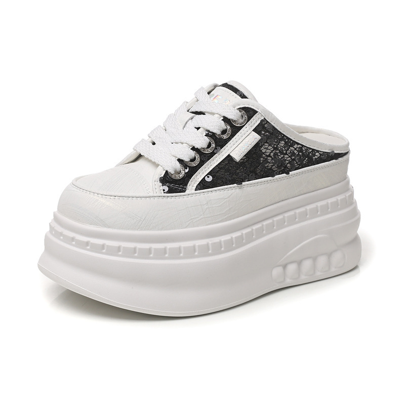 Giày sneaker nữ đế dày tăng chiều cao mũi tròn phong cách bánh mì trắng mùa hè 2026 — màu đen, màu trắng