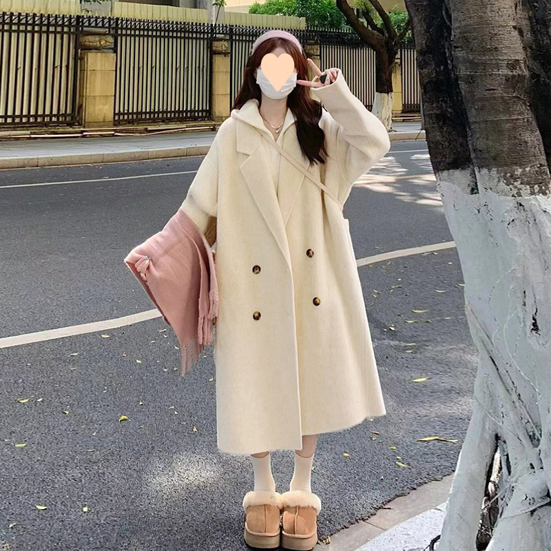 白鸭羽绒服内胆双面绒毛呢大衣女中长款秋冬季法式赫本风加厚外套