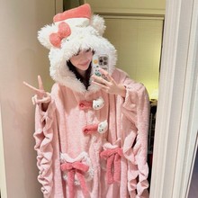 可爱KT猫珊瑚绒睡袍女冬季连帽披肩斗篷保暖卡通网红毛绒绒家居服