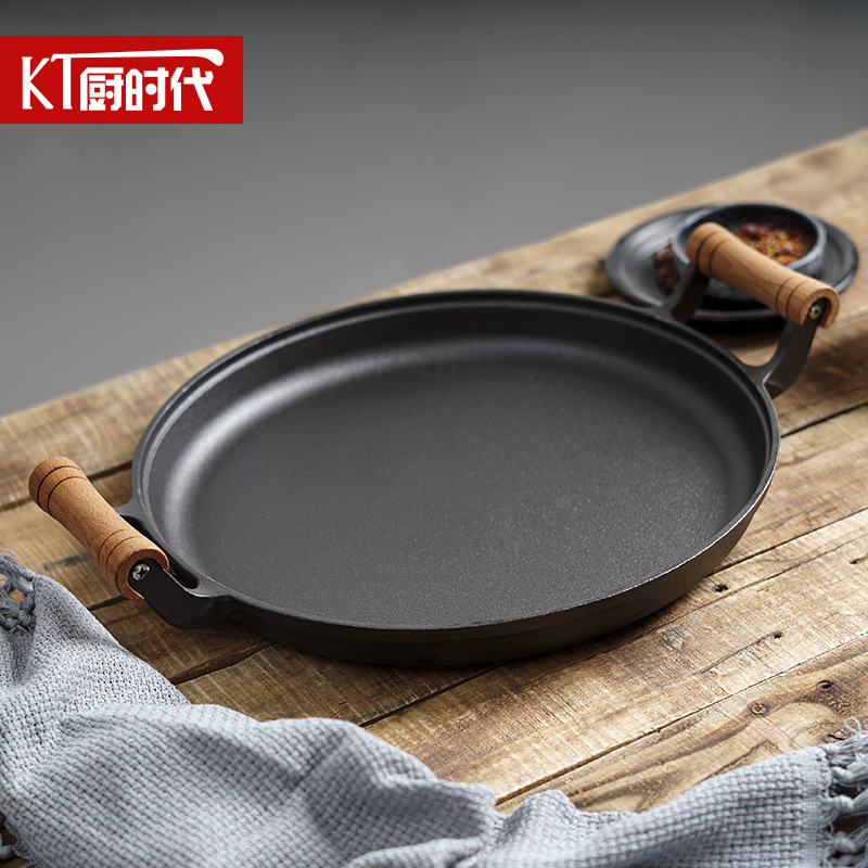 Mango de madera, sartén de fondo plano, sartén para panqueques, sartén para el hogar, sartén para panqueques de hierro fundido, panqueques, herramientas para frutas, no pegajosas