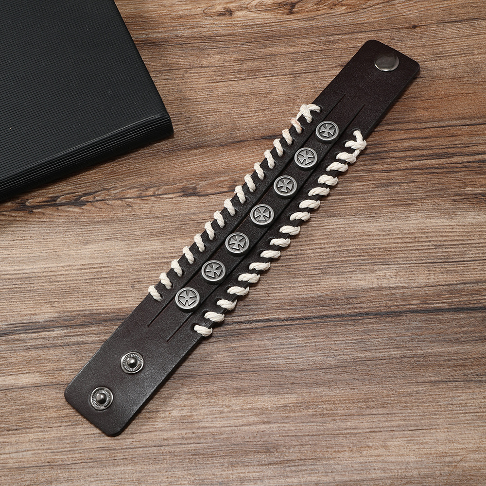 Men's Gender Knitting Design Retro Color Block Pu Leather Alloy Knitting Men's Bangle Men Cord & Leather Bracelets