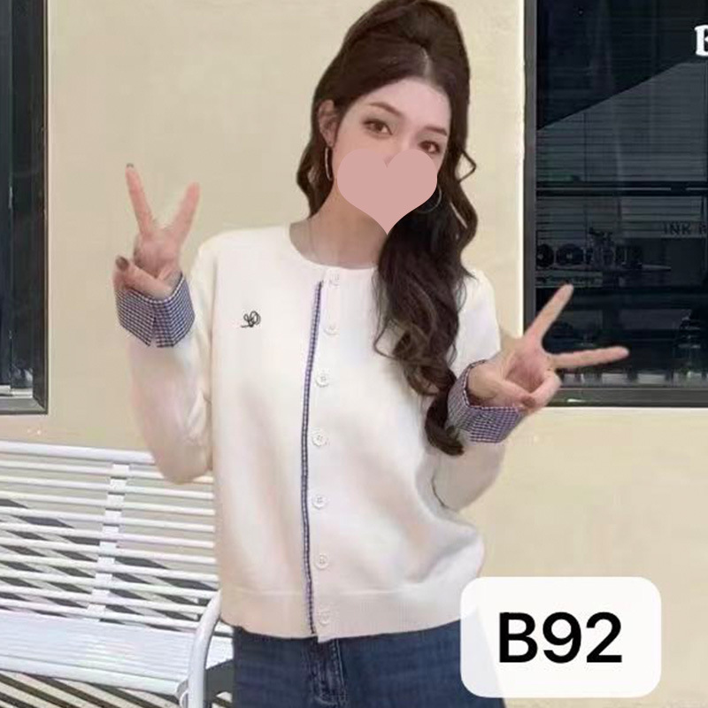 韩版显瘦圆领刺绣拼接格子针织开衫上衣女装外贸跨境毛织衫工厂|undefined