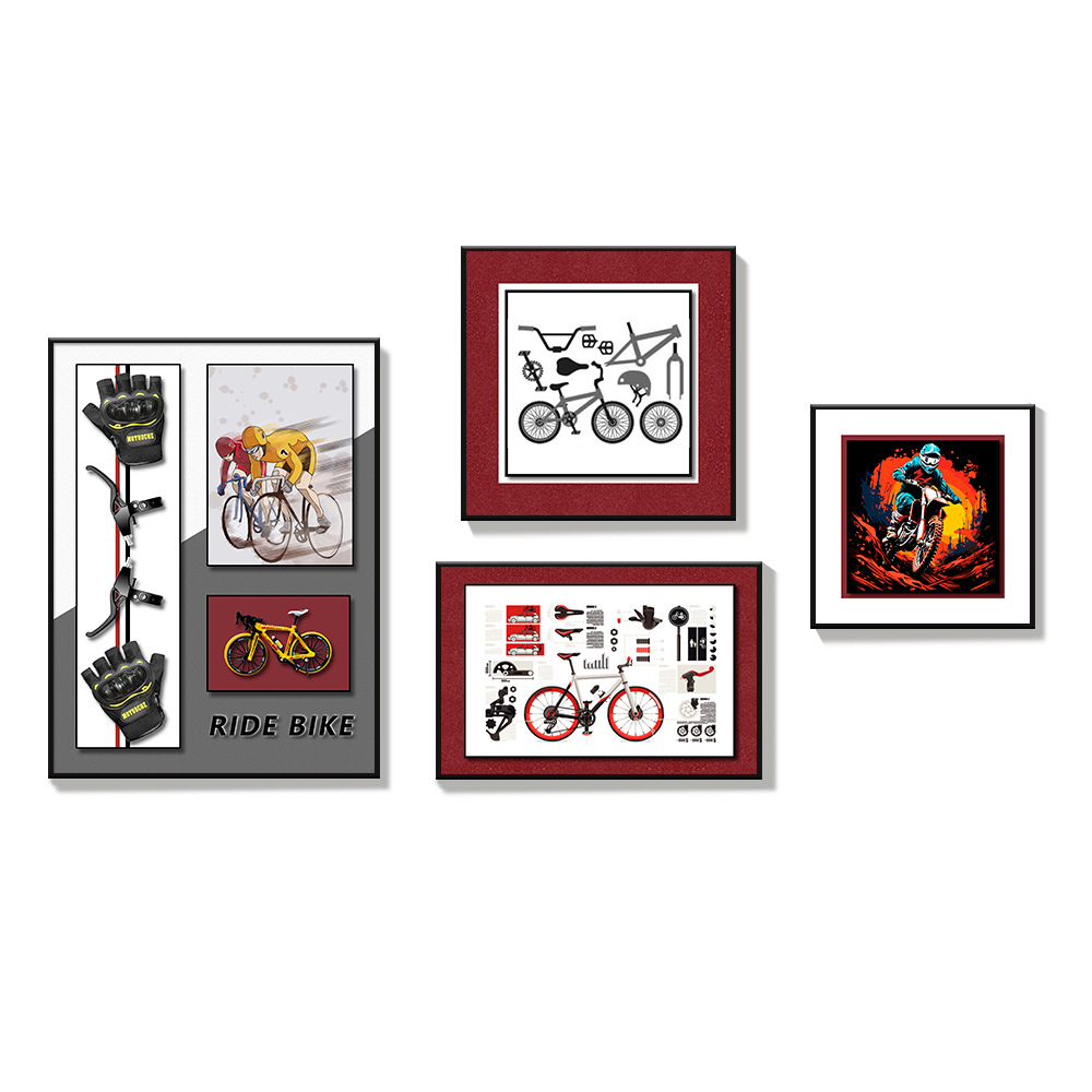 Sofá de sala de estar pared de fondo conjunto de pinturas múltiples combinación de bicicleta 3D tridimensional arte de sentido avanzado decoración creativa pintura colgante