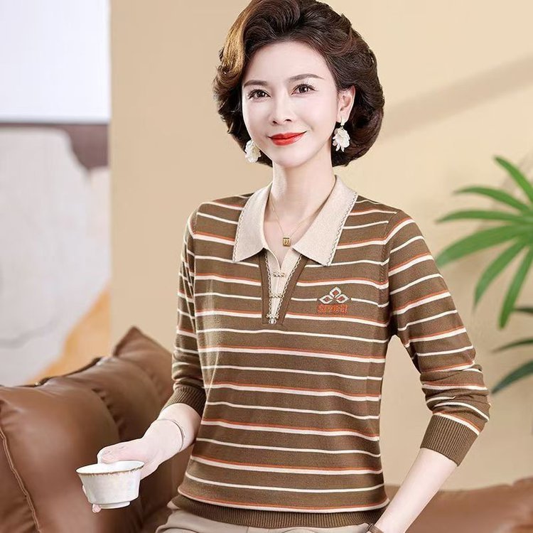 秋季新款妈妈装2025翻领长袖T恤洋气时尚显瘦减龄条纹上衣小衫|undefined