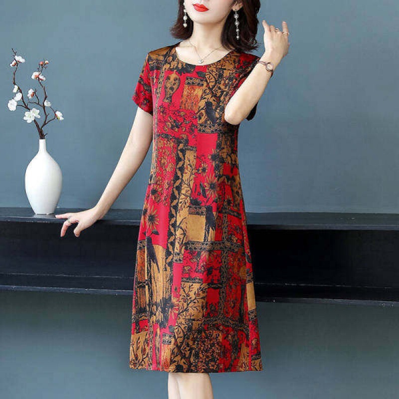 Cross-Border Imitation Ice Silk Printed Dress 2026 Summer New Style Mid-Length Mulberry Silk Dress for Middle-Aged and Elderly Mothers
