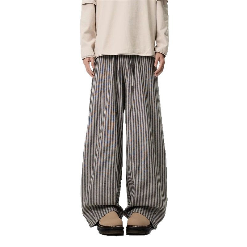 American Slack Vertical Striped Casual Pants Men's And Women's Spring Lazy Wind Drop Straight Pants Scimitar Wide Leg Floor Pants_viptrois.com