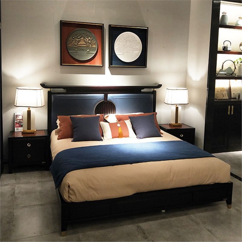 Modern Chinese-Style Solid Wood Bed 1.8m Modern Villa Large Flat Guest Room Bedroom Zen Double Genuine Leather Wedding Bed