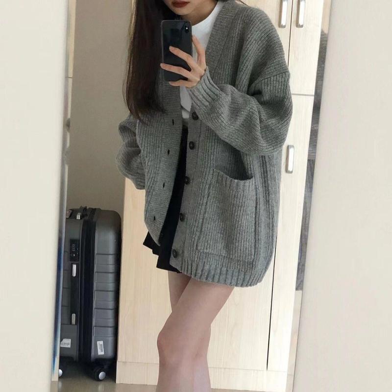 灰色中长款毛衣外套女秋秋外搭外穿慵懒复古奶系穿搭秋冬针织开衫|undefined