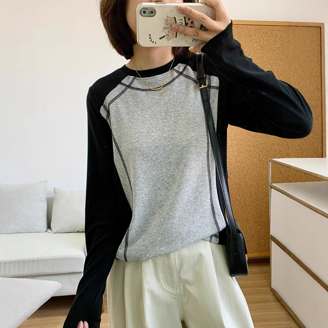 撞色明线插肩长袖T恤女2025年春款新款宽松韩版百搭休闲圆领上衣