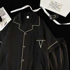 黑色简约字母男士睡衣夏季云朵棉短袖两件套开衫家居服可外穿女士