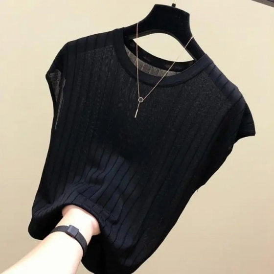 Ice Silk Knitted Shirt Short-sleeved T-shirt Women's 2025 Summer Thin Vest Loose Belly-covering Slimming Sleeveless Top for Outer Wear