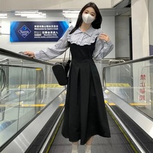 胖MM秋冬季新款减龄学院风条纹衬衫假两件显瘦撞色高级感连衣裙