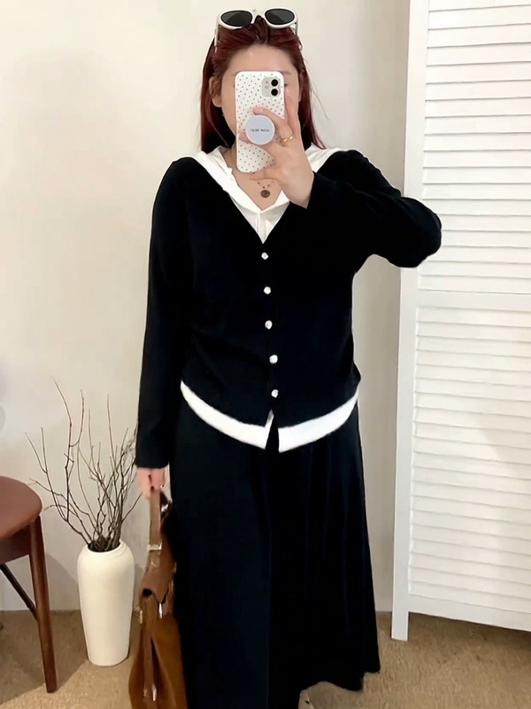 【包邮】大码女装假两件上衣女半裙两件套2025秋款胖mm针织套|undefined