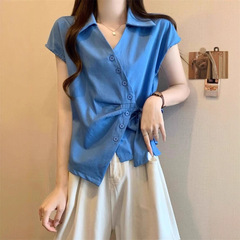 短袖衬衫女2025夏季新款法式Polo领不规则绑带短款上衣感