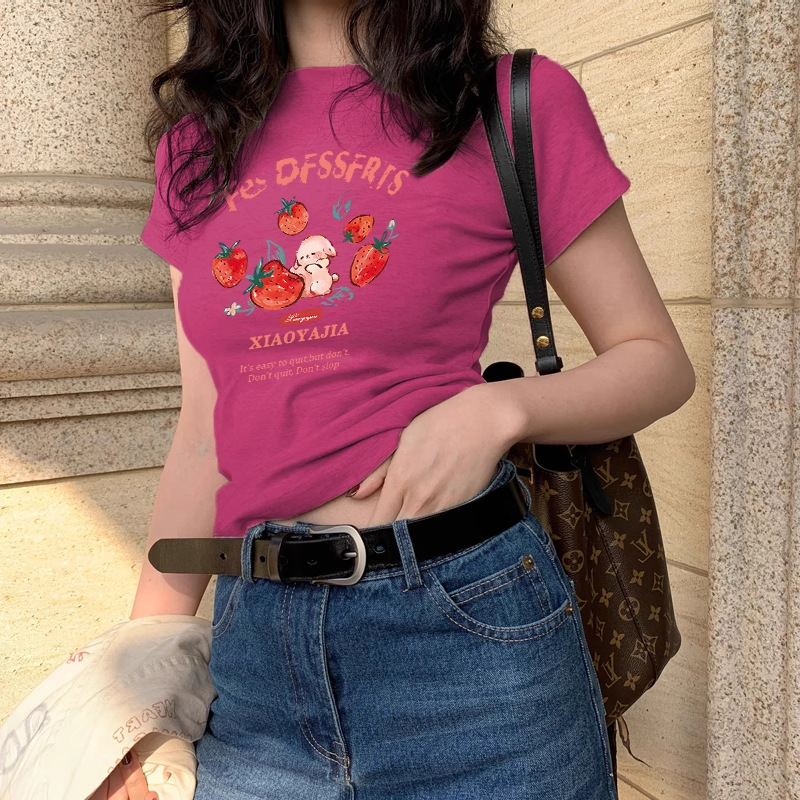 アメリカンレトロショルダー漫画イチゴバニー半袖Tシャツレディース夏の新しい甘いホットガールカジュアル多用途トップ|undefined