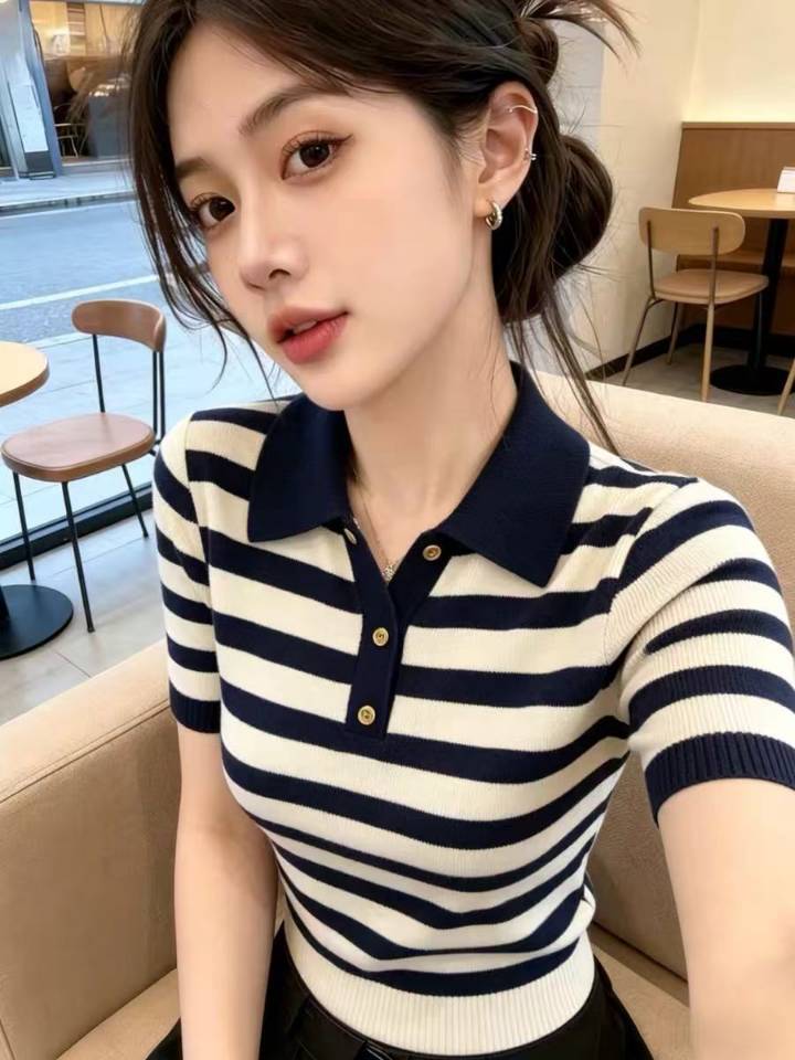 Áo thun polo nữ tay ngắn cổ lật sọc kẻ thanh lịch — Sọc