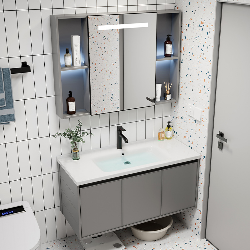 Moderno simple espacio aleación de aluminio baño gabinete combinación baño lavabo cerámica lavabo integrado lavabo