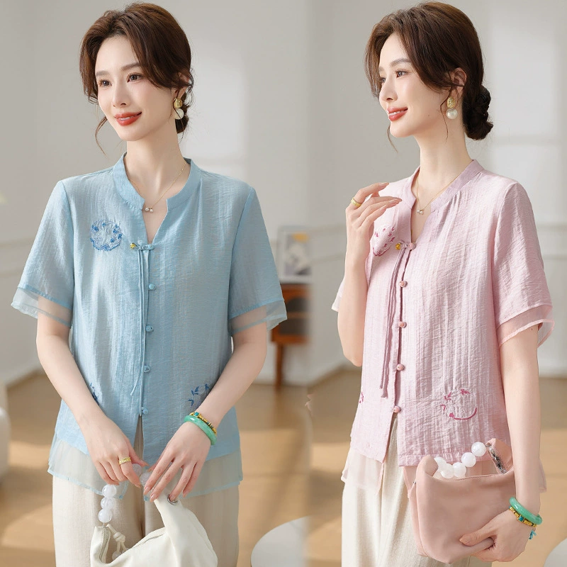 Лето 2025 г., одежда для мам, художественная рубашка, новая рубашка в китайском стиле в национальном стиле, женская рубашка с короткими рукавами и воротником-стойкой среднего и пожилого возраста, летний топ