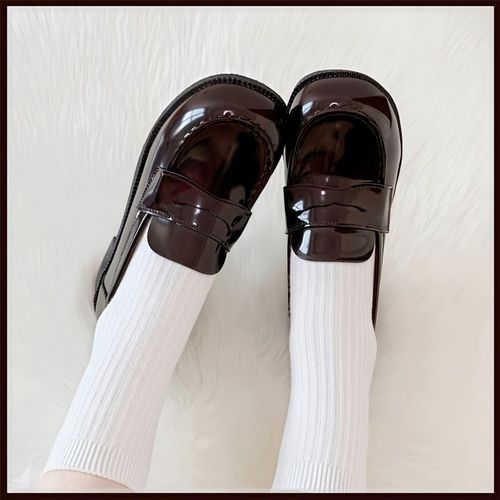 Mary Jane Women's  Autumn New Leather Finish School Style Fashion Matchable JK Thick Heel Medium Wedge Non-Slip Loafers