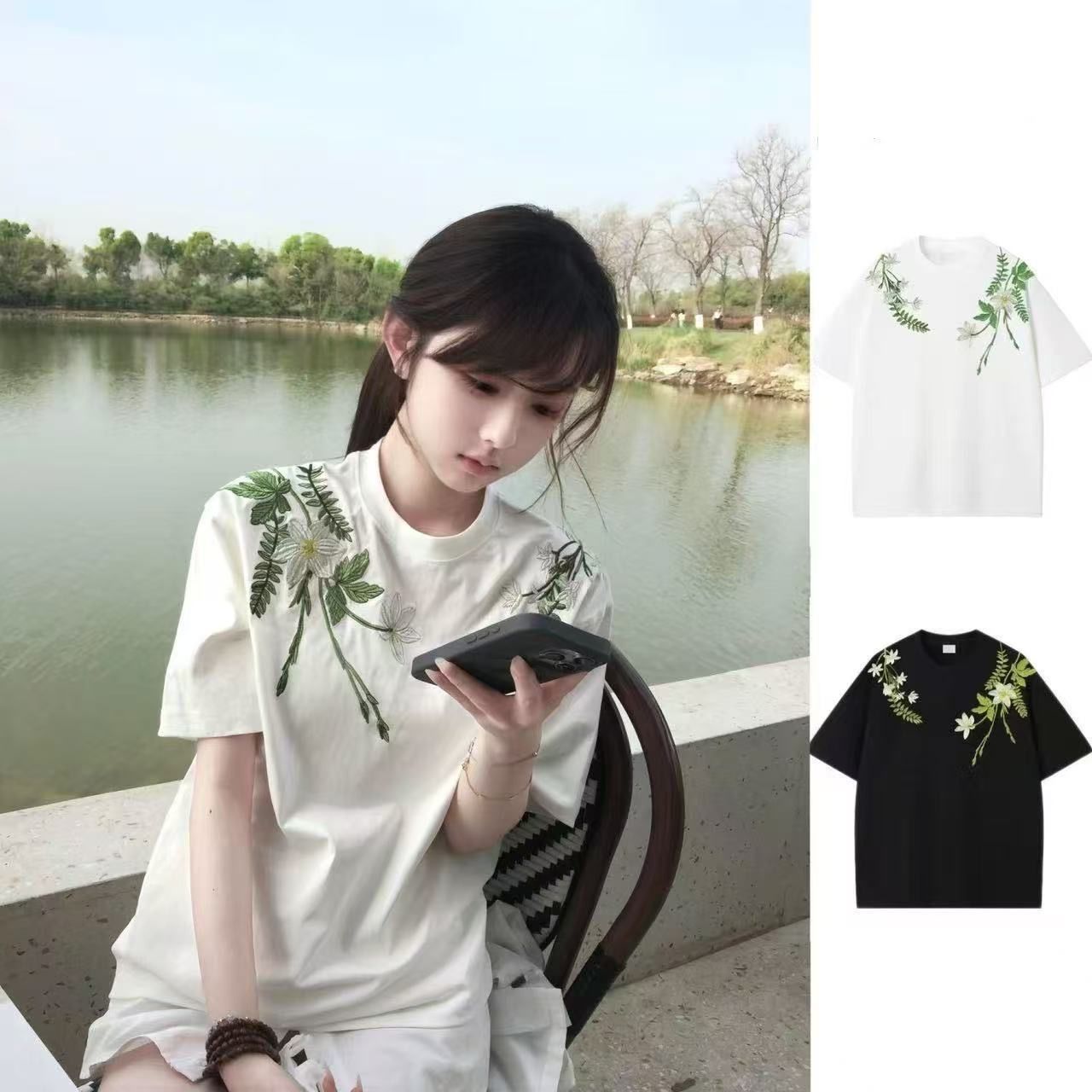 [New Fabric Embroidered Short-Sleeve] American Floral Embroidery Summer Short-Sleeve High Street Loose New T-Shirt for Men and Women