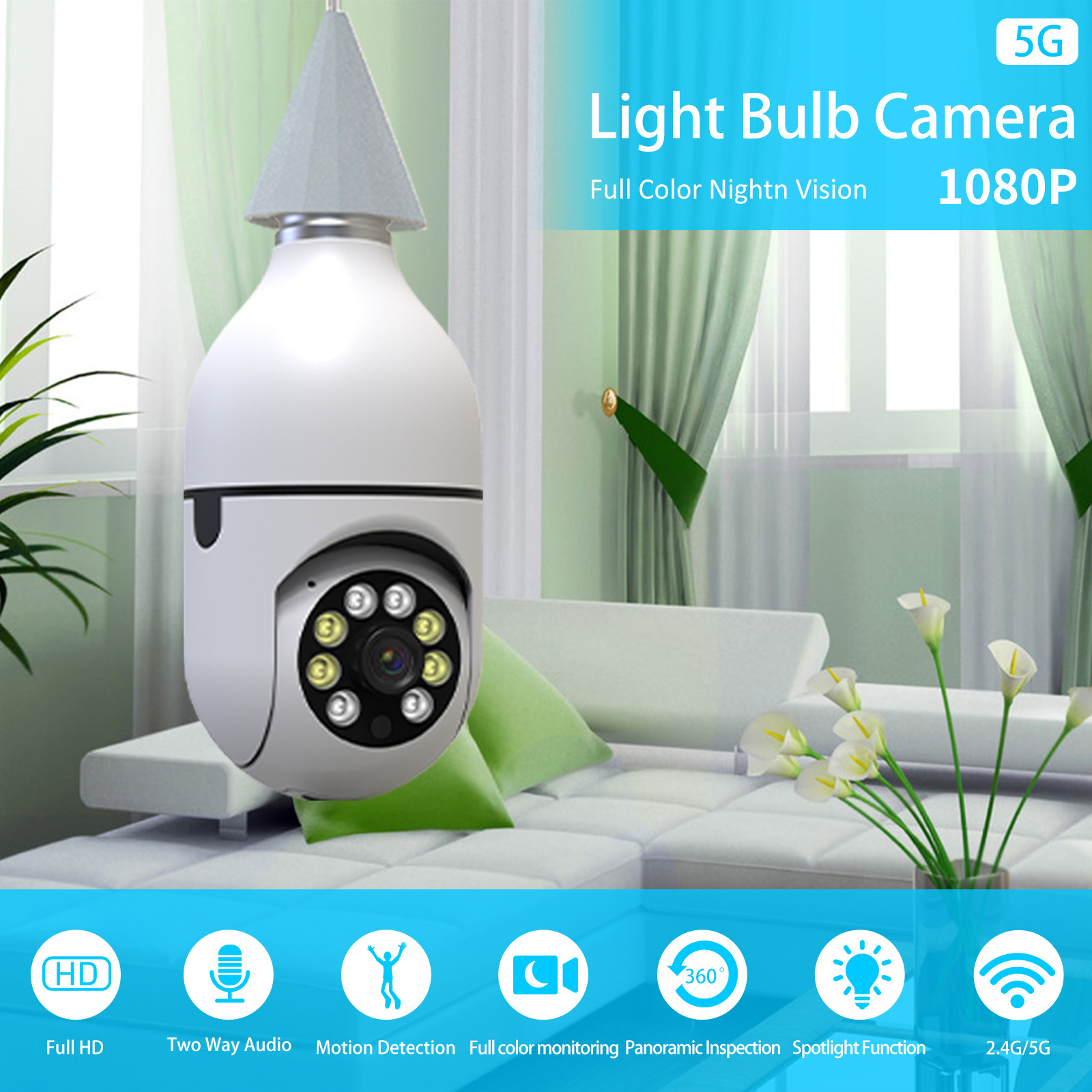 Cámara de Bombilla 5G con Visión Nocturna, de Fábrica, para Comercio Exterior, Gran Venta Transfronteriza, Inalámbrica, con Movimiento Panorámico e Inclinación, Soporte de Lámpara E27, Vigilancia 2