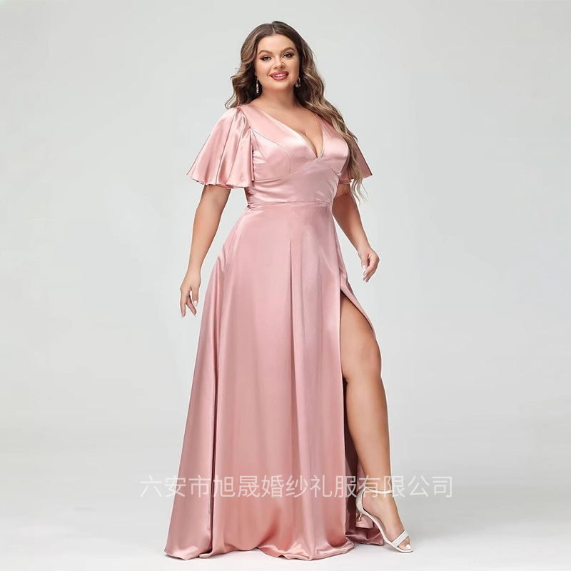 Amazon Cross-Border New Fashion Slimming Plus-Size Dress Sexy Slit Prom Performance Host Deep V Evening Dress