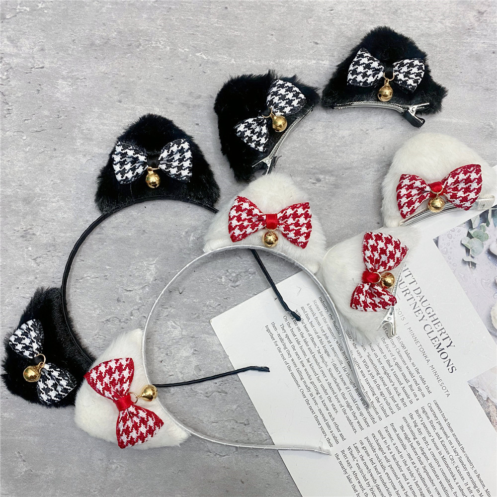 Cute Plaid Bells Cat Ears Bows Hair Hoop Plush Cosplay Head Hoop display picture 4