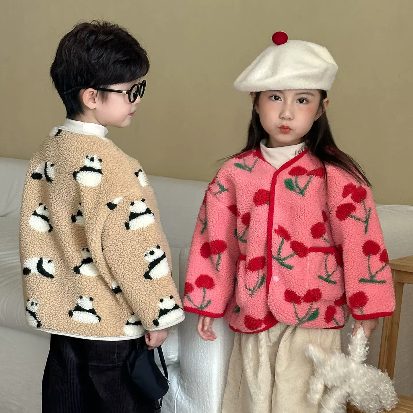 儿童羊羔绒图案花外套2025新款秋冬季男女童加绒厚衣服宝宝上衣