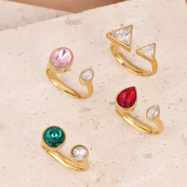 跨境希音亚马逊镶钻彩色几何不锈钢戒指时尚简约百搭开口钛钢指环