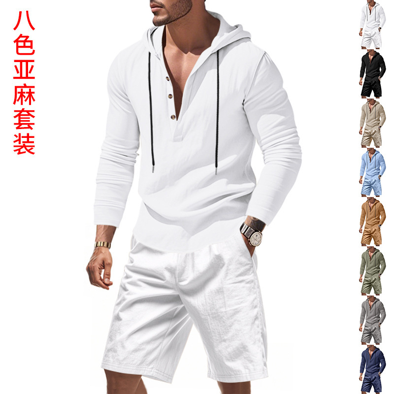 국경 2025 새로운 남자 여름 세트 리넨 캐주얼 트렌드 비치 시즌 긴 소매 반바지 후드 헨리 세트