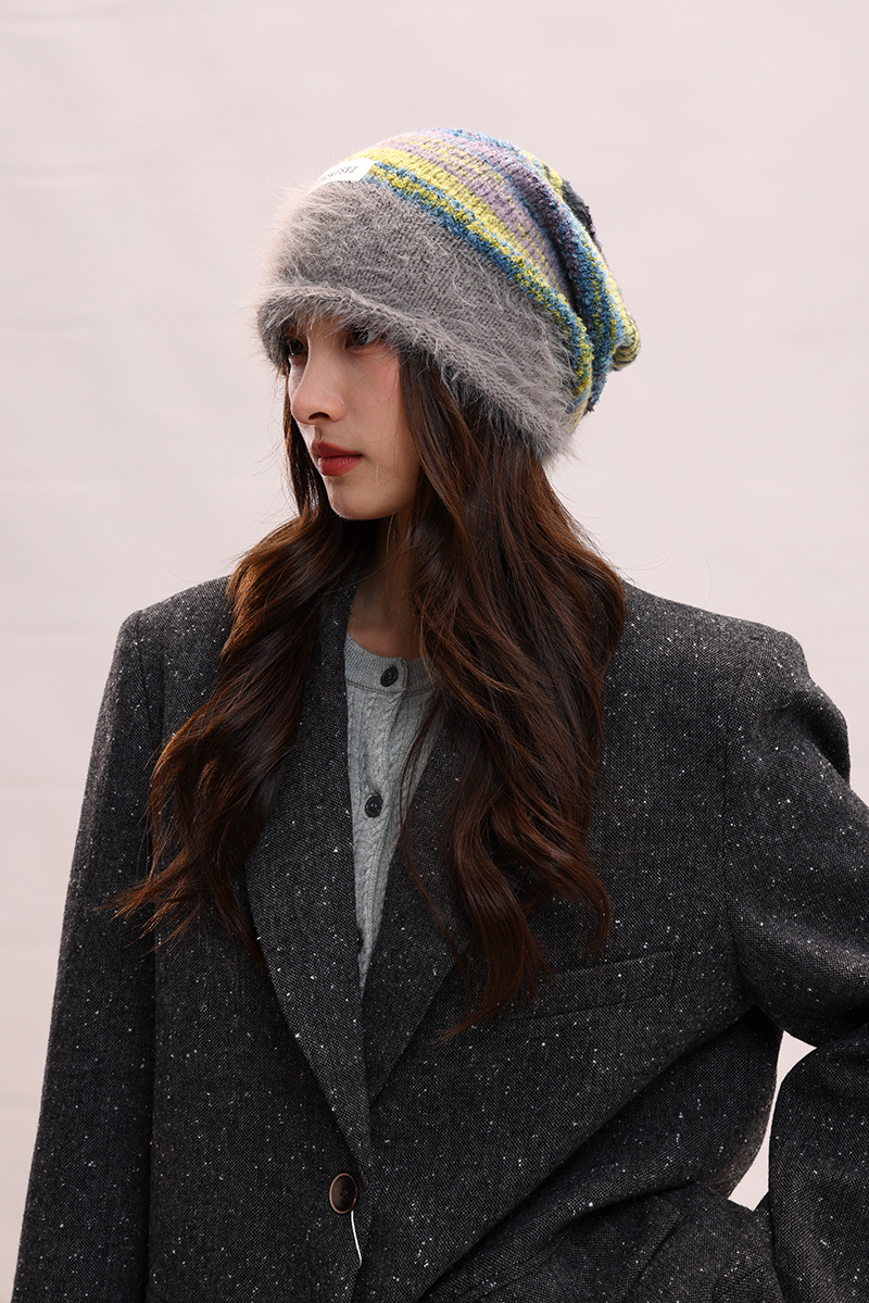 Cappello di lana per bambini, lavorato a maglia, con filato di piume femminili, impilato, che mostra il viso, piccolo calore autunnale e invernale, freddo cappello di lana, maschile_voghion.com