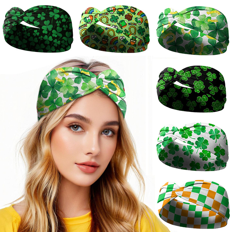 St. Patrick's Day Hair Band Irish Clover Print Cross Hair Band Sport Yoga Hair Accessories Elastic Headband