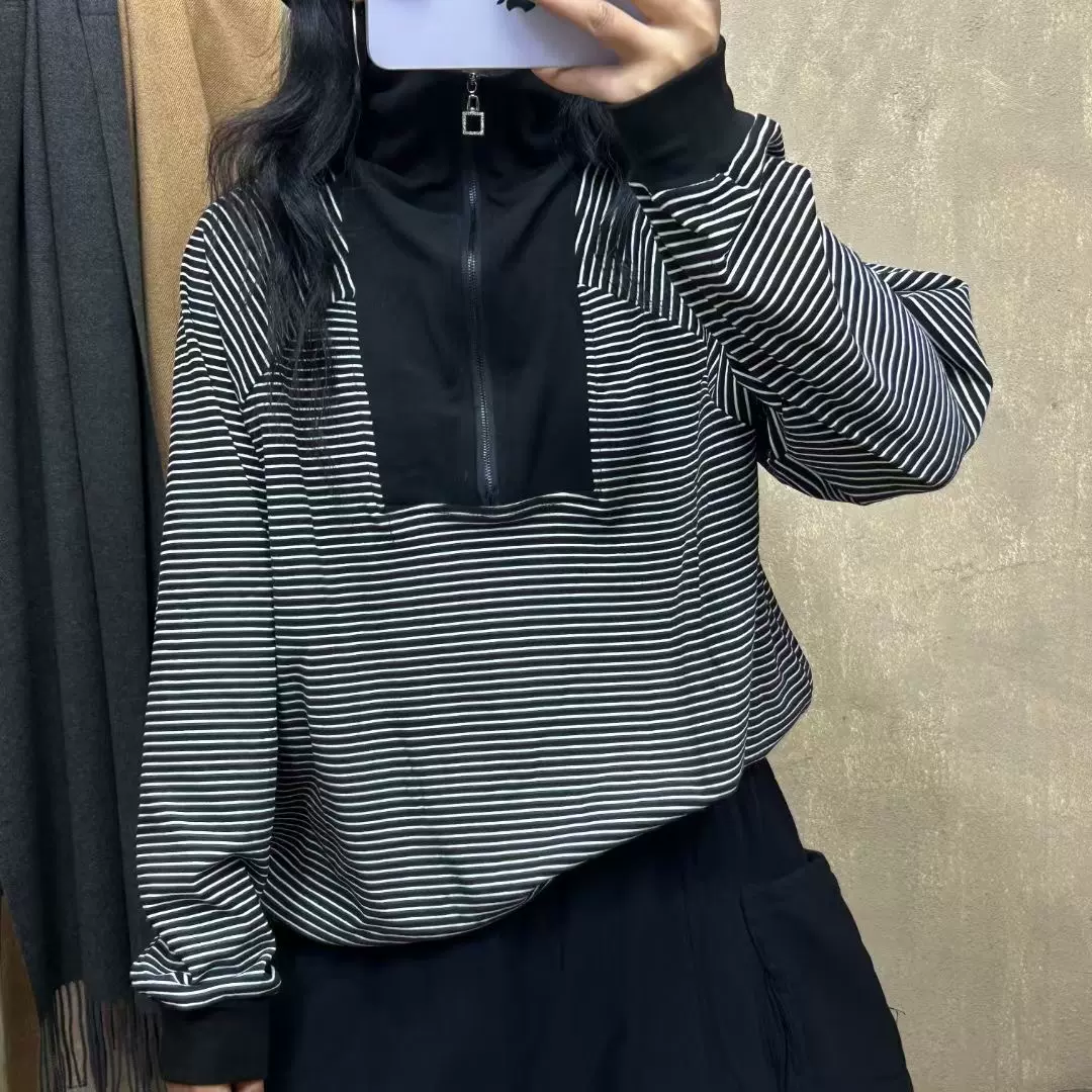 大码设计感撞色半拉链翻领条纹卫衣长袖秋冬微胖宽松正肩休闲上衣