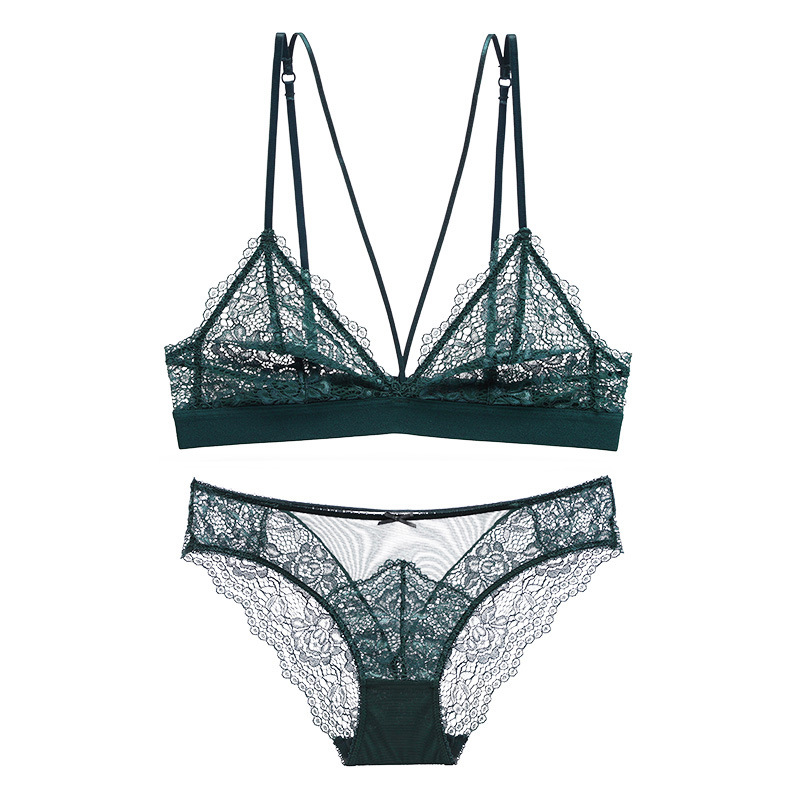 Estilo francés ropa interior inalámbrica de las mujeres pequeño pecho de encaje de verano sexy grande sin respaldo sujetador traje transpirable ultra-delgado triángulo taza