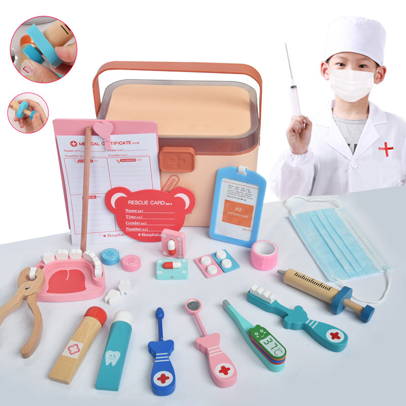 Children's doctor toy set men and women baby more home playing needle tool wooden simulation medicine box stethoscope