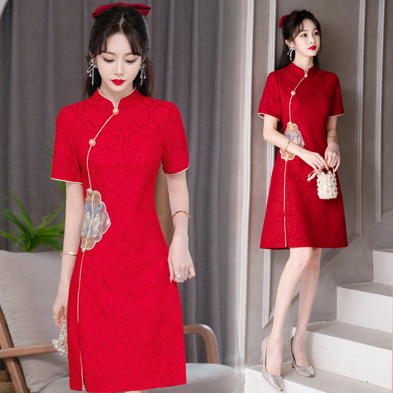 Real Shot of Large Size Slimming Look Improved Waist Slimming Look Red Cheongsam Dress for Women Summer New Retro Embroidered Dress Real Shot of Large Size Slimming Look Improved Waist Slimming Look Red Cheongsam Dress for Women Summer New Retro Embroidered Dress