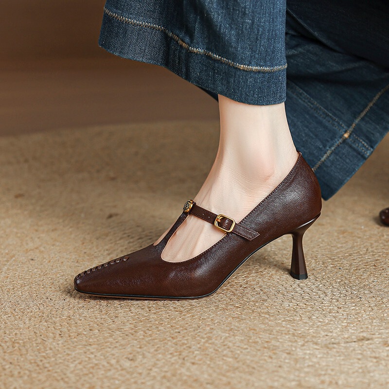 Super Soft Sheepskin Square-Toe Woven Camellia Flower T-Strap Mary Jane Shoes for Women, French-Style Shallow Mouth Thin Heel High-Heeled Single Shoes for Women