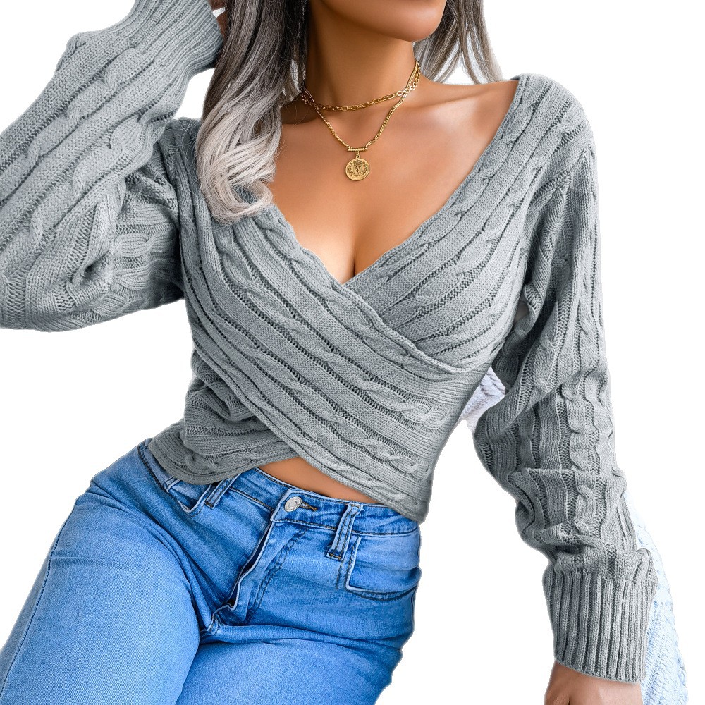 Clearance Sale Real Photos Autumn/Winter European and American Style Sexy Cross V-Neck Cable Knit Long Sleeve Crop Sweater Amazon Cross-Border Women's Clothing