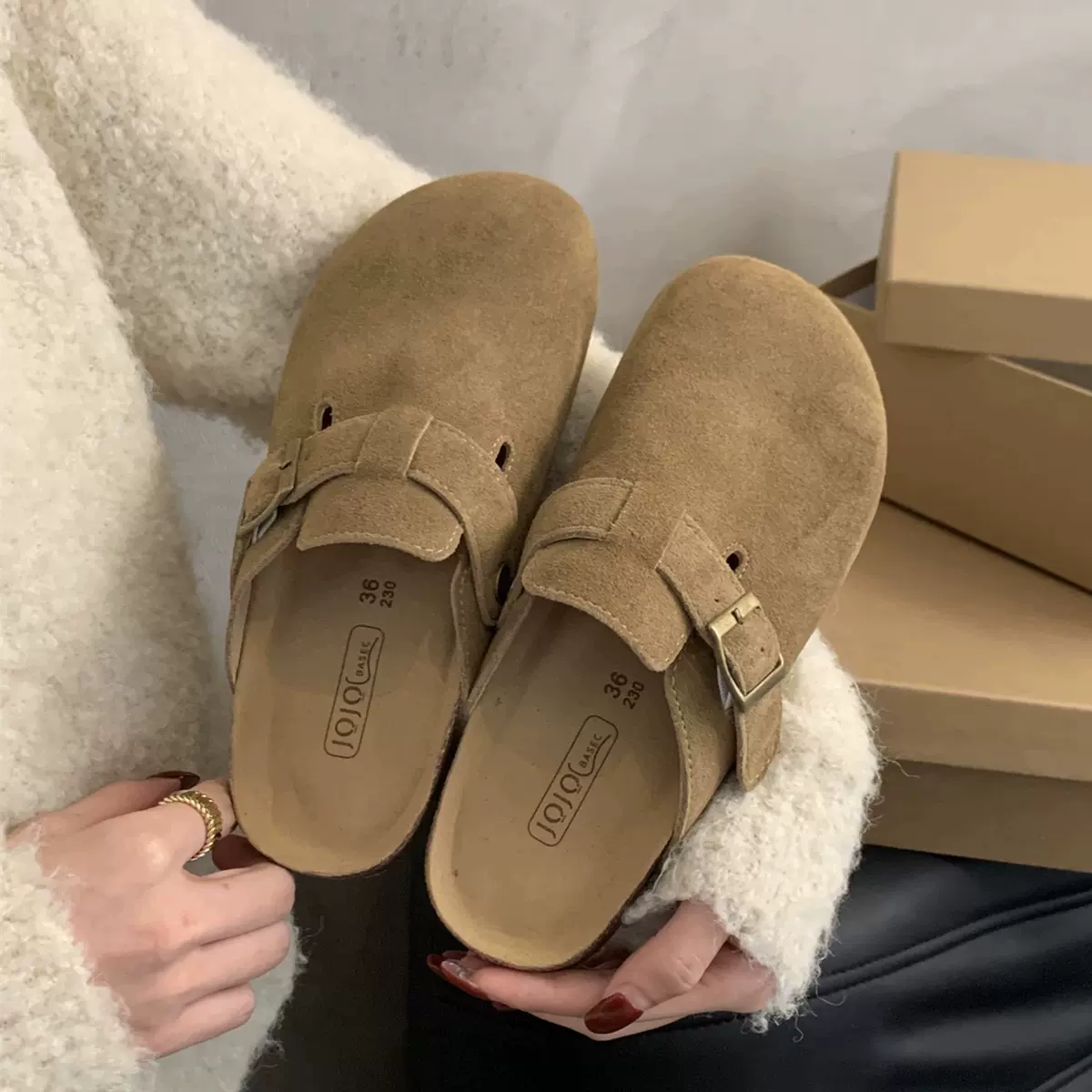 2025新款春秋森系复古平底包头半拖鞋女外穿韩系厚底法式勃肯拖鞋