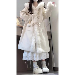 甜美小个子毛毛拼接毛呢外套女冬季2025新款宽松长款连帽呢子大衣